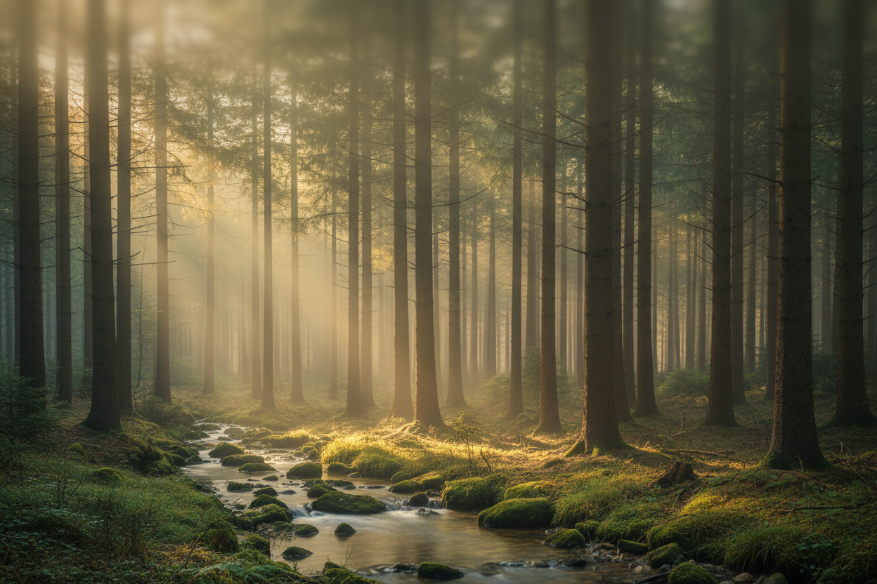 A modern, atmospheric hero image inspired by the Black Forest (“Schwarzwald”). Deep green pine trees, soft morning fog, warm sunlight, elegant natural tones. Calm, magical, premium mood. Minimalistic composition with plenty of negative space for text overlay. High-end product photography ambience but without products. Clean, stylish aesthetic, inspired by modern European boutique brands. Perfect as a website header for an online shop about Black Forest gifts & souvenirs.  high resolution, no text, brook