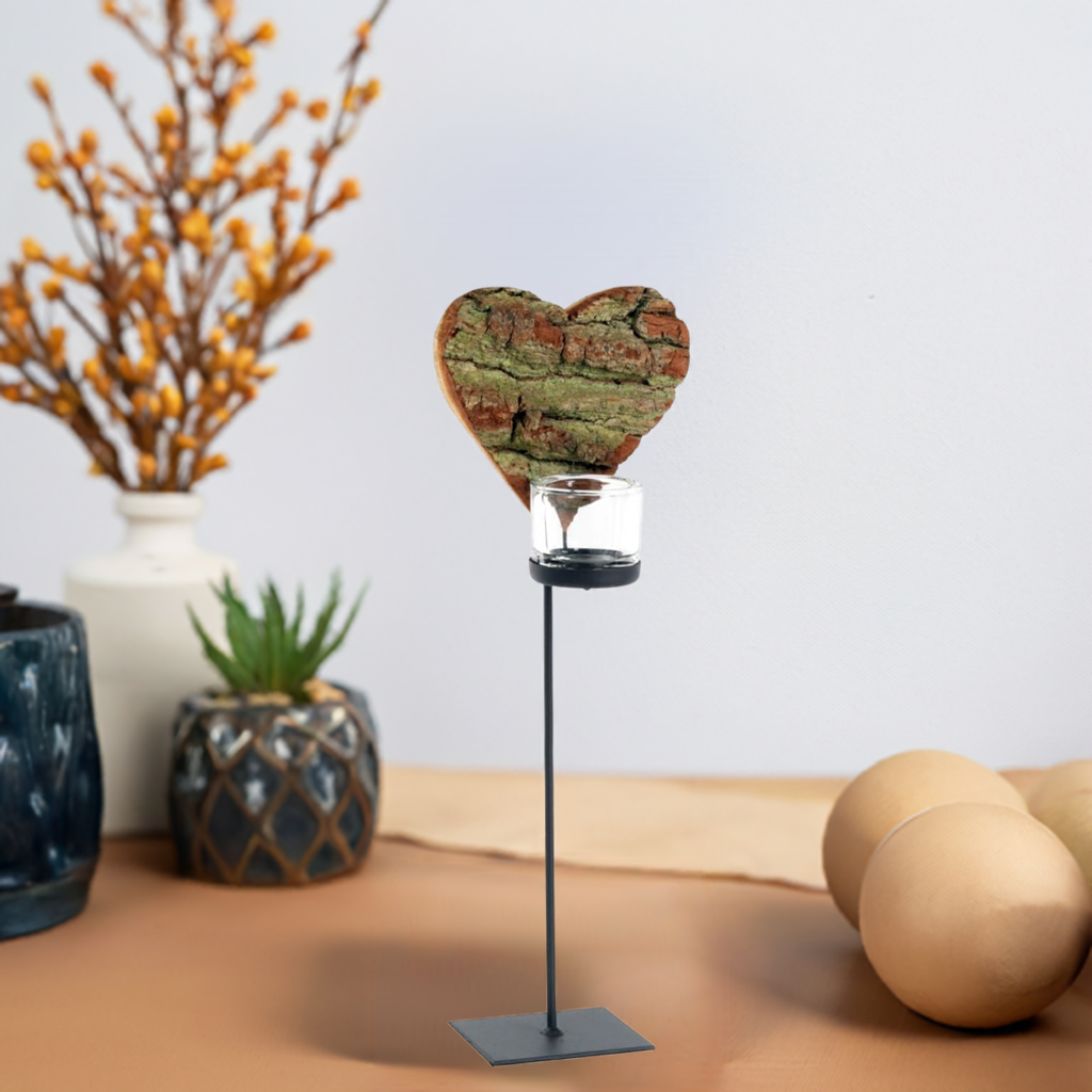 Thankgoods Herz-Rindenholz Windlicht mit Fuss-3